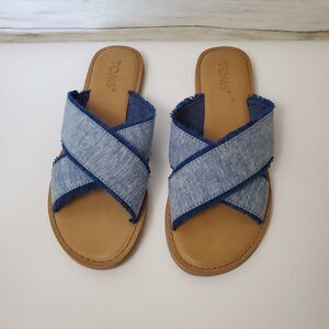 TOMS Viv Sandals Textured Blue Chambray Slip-on Flats Shoes Size 6.5